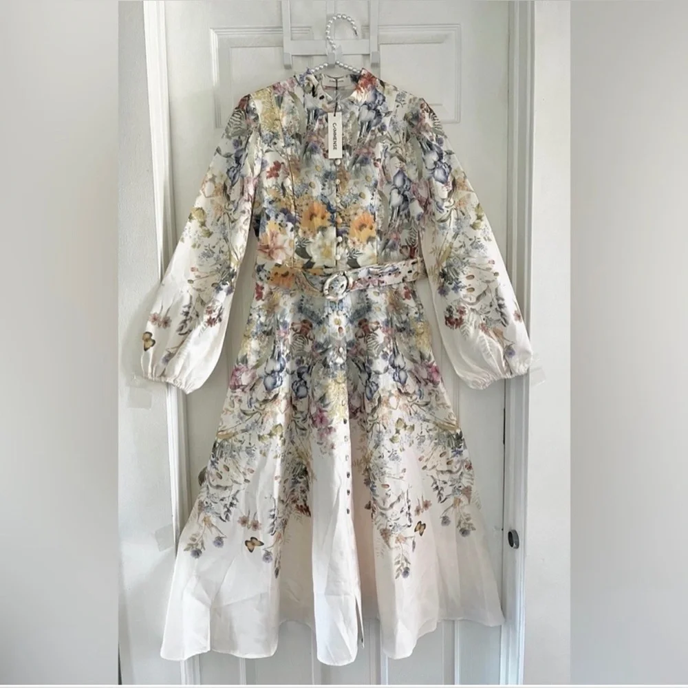 NEW Commense Belted Balloon Long Sleeve Floral Butterfly Dress Midi, XS - Picture 7 of 16